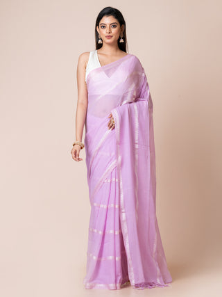 Gleam & Glam | Pure Cotton Saree With Zari Stripes | Light Purple Ocau