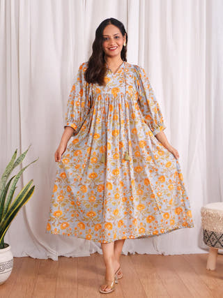 Rachel Mul Cotton HandBlock Print Cotton Midi Dress