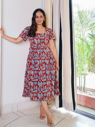 Shell Fit-and-Flare HandBlock Print Cotton Midi Dress