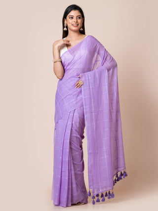 Pure Cotton Checkered Saree | Purple Ocau