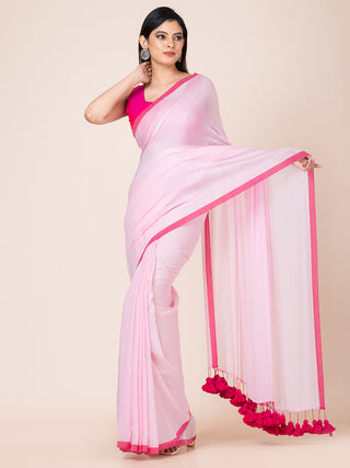 Pure cotton solid saree with contrast border and contrast tassels l Pink OCAU