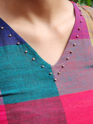 Blue Madras Checks Zig Zag Tying A-line Dress