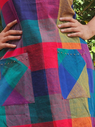 Blue Madras Checks Zig Zag Tying A-line Dress