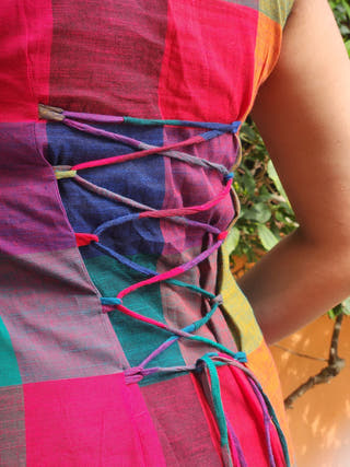 Blue Madras Checks Zig Zag Tying A-line Dress