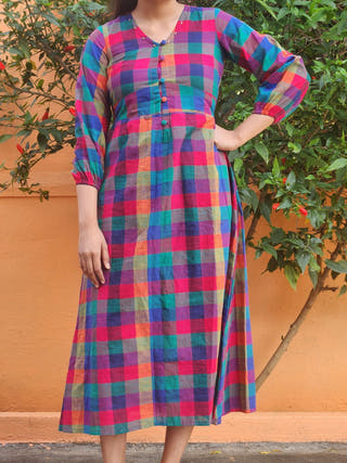 Blue Madras Checks Jaipur Dress