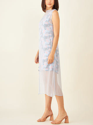 Sleeveless printed dress with side slit sheer overlay Arras
