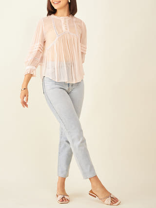 Sheer Blush Pink Top With Ruffles Arras