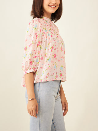 Pink Floral Print Flared Top With Pintucks Arras