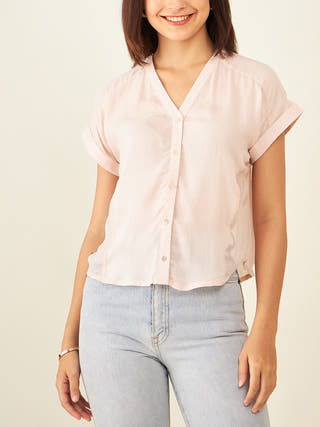 Short Sleeve Button Down With Sheer Side Panels In Blush Pink Arras