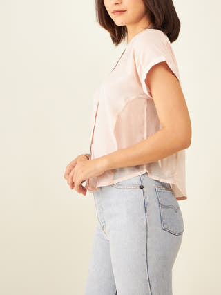 Short Sleeve Button Down With Sheer Side Panels In Blush Pink Arras
