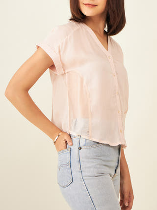 Short Sleeve Button Down With Sheer Side Panels In Blush Pink Arras