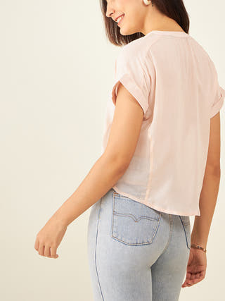 Short Sleeve Button Down With Sheer Side Panels In Blush Pink Arras