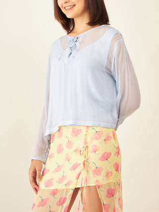 Sheer Top With Long Sleeves In Powder Blue Arras