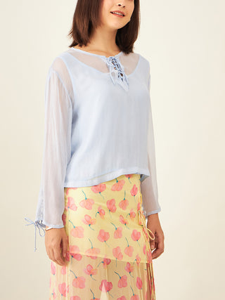 Sheer Top With Long Sleeves In Powder Blue Arras