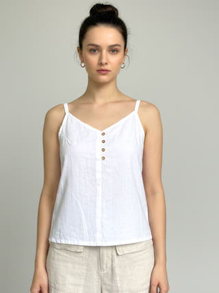 Aira White Cotton-Linen Strap Top