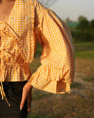 Raya Yellow & White Checks Cotton Tops