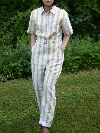 Stripes Jumpsuit Yellow - Linen Twill Jumpsuit for women in Yellow color