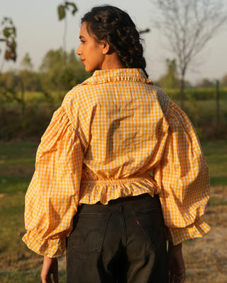 Raya Yellow & White Checks Cotton Tops