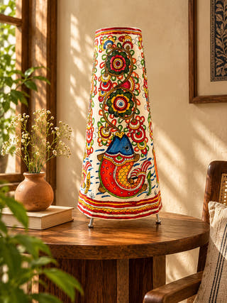 Fish And Floral Tholu Bommalata Table Lamp - Multicolor