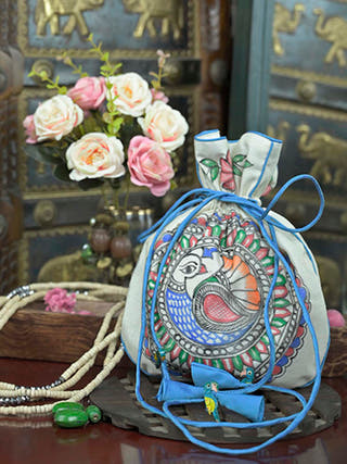 Madhubani Handpainted Silk Potli Peacock