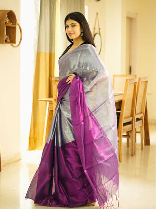 Moonlit Blush Pink & Silver Glass Finish Tissue Saree
