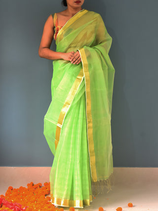 Handloom Muslin Saree Zari Border Pistachio Green OCAU