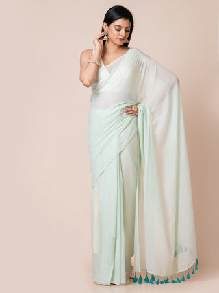 Pure Cotton Solid Saree With Contrast Tassels | Light Aqua Ocau