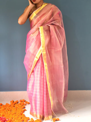 Handloom Muslin Saree Zari Border Pink OCAU