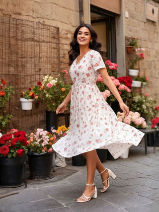 Rose White Fit and Flare Modal Midi Dress