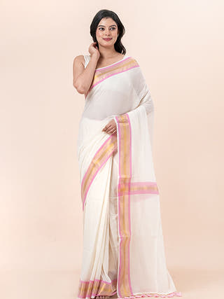 Vanilla Bloom - Pure Cotton Saree With Zari Border Without Blouse Piece