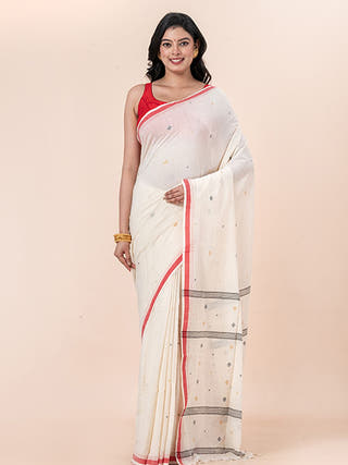Pearl Dawn - Organic Cotton Saree With Jamdani Motifs Without Blouse Piece