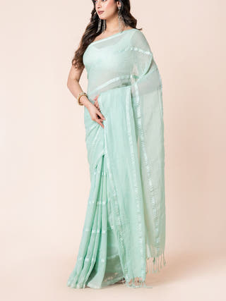 Gleam and Glam Pure Cotton Saree With Zari Stripes Without Blouse Piece II Turquoise