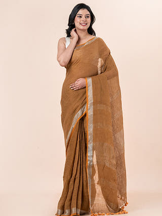 Terra Mocha - Pure Linen Saree With Zari Border Without Blouse Piece