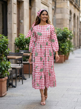 Ella Pink Checked A-line Cotton Midi Dress