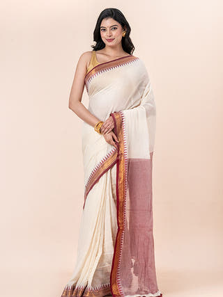 Ruby Glow - Pure Cotton Saree With Kanchi Border Without Blouse Piece
