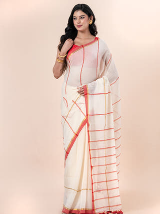 Kumkum - Pure Cotton Saree With Zari Border Without Blouse Piece
