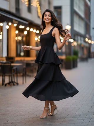 Nina Black Frilled Cotton Midi Dress