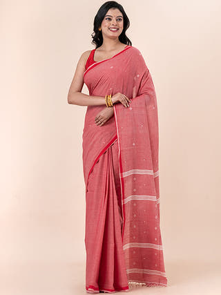 Powder Rose - Organic Cotton Saree With Jamdani Motifs Without Blouse Piece