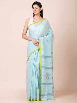 Cotton Saree With Jamdani Motifs Blue OCAU