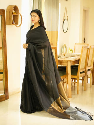 Twilight Tale Black Cotton Saree with Gold & Silver Zari Pallu