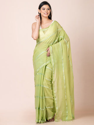 Gleam & Glam Cotton Zari Saree Green OCAU