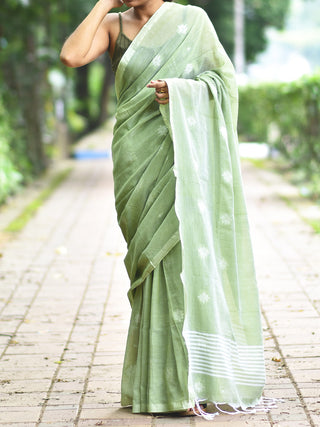 Pure Cotton Saree Floral Motifs Green OCAU