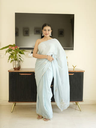 Blue Georgette Saree With Hand Zardoshi Work