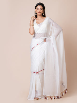 Pure Cotton Solid  Saree With Tassels | White Ocau