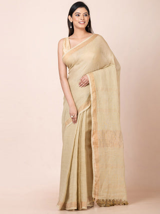 Linen Solid Saree with Zari Cream OCAU