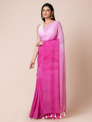 Pure Cotton Solid Shaded Saree With Tassels | Magenta Ocau