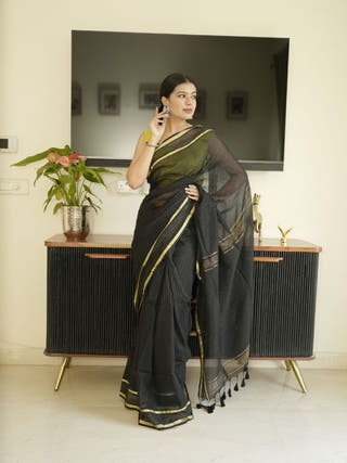 Black Mul Cotton Saree With Zari Stripes
