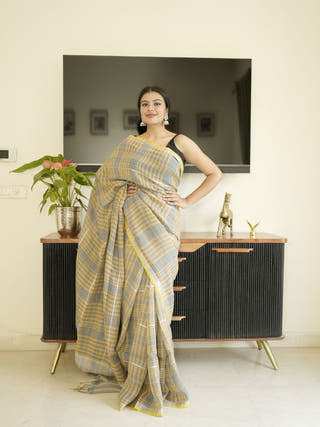 Yellow-Grey Checked Linen Saree