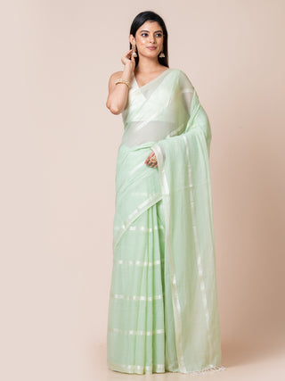 Gleam & Glam | Pure Cotton Saree With Zari Stripes | Light Turquoise Ocau