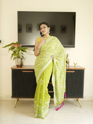 Green Mul-Cotton Chikankari Saree
